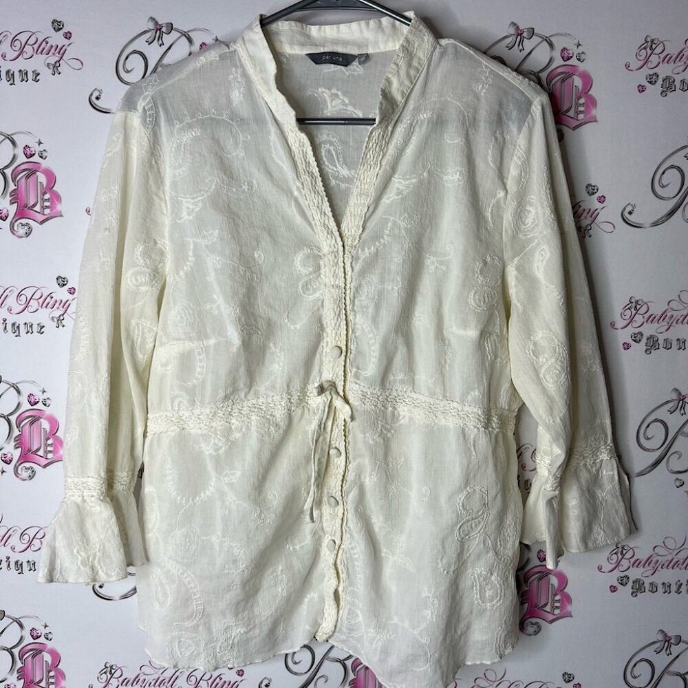 Per Una blouse button up ribbon tie waist belt ruffle Cream Embroidered Blouse